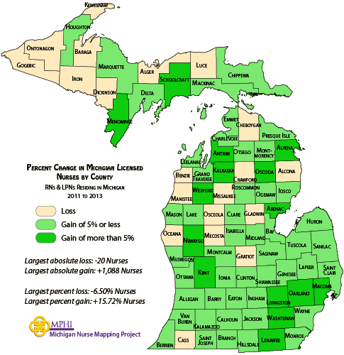 map showing percent change in MI nurses from 2011 to 2013